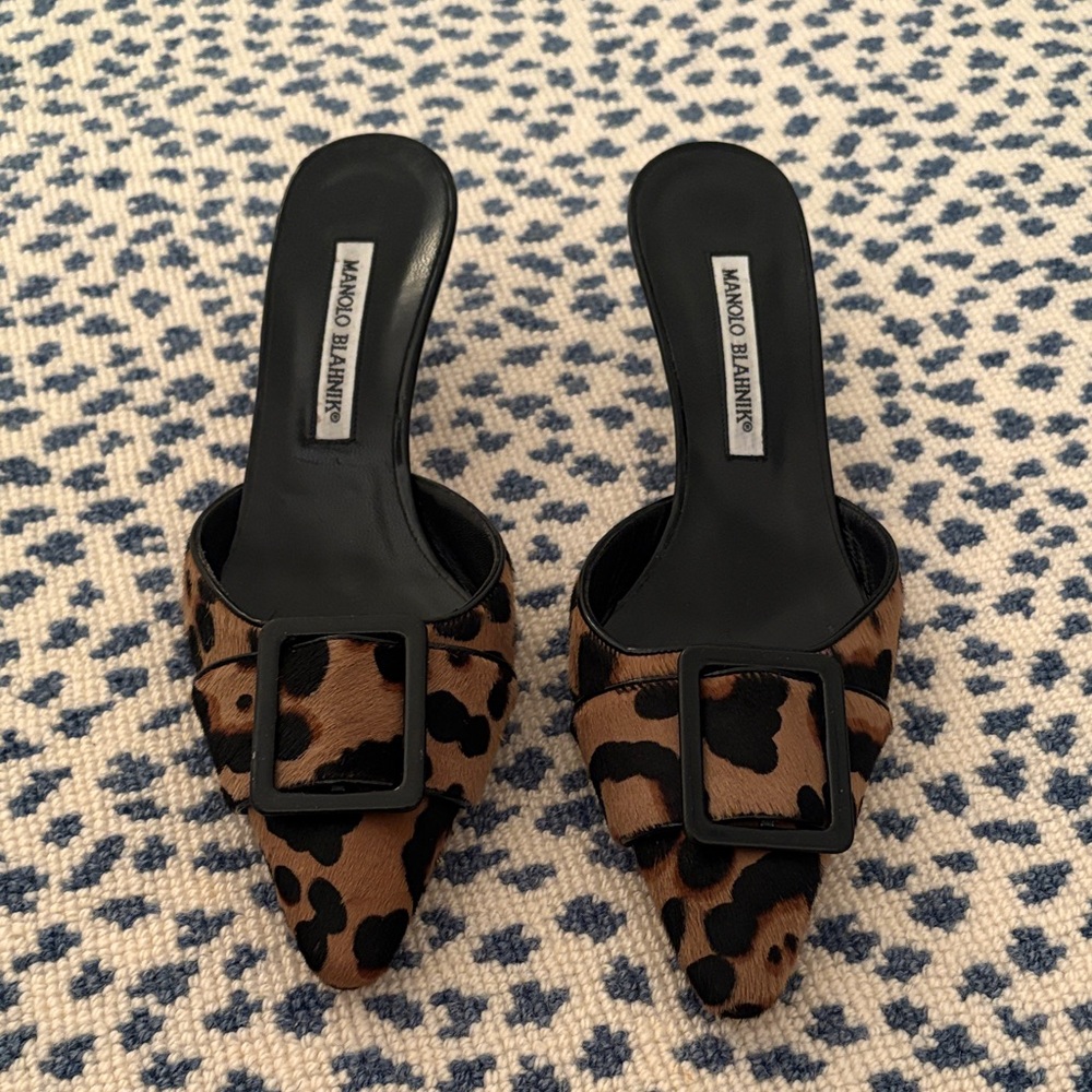 Manolo Blahnik Animal Print Mules with Black Buckle